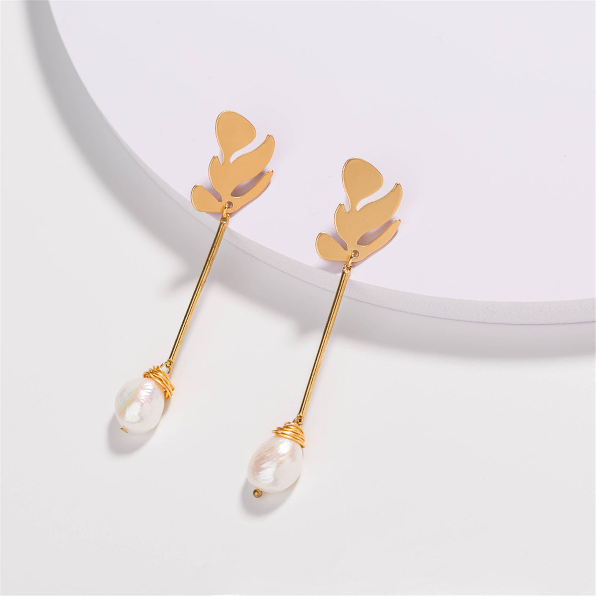 Pearl and 18K Gold-Plated Leaf Drop Earrings, gold drop earrings for women, vintage-inspired design, lifestyle look
