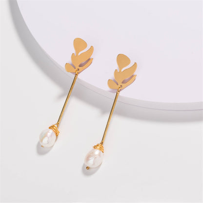 Pearl and 18K Gold-Plated Leaf Drop Earrings, gold drop earrings for women, vintage-inspired design, lifestyle look