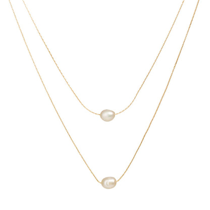 Pearl and 18K Gold-Plated Layered Pendant Necklace, gold pendant necklace for women, elegant gift for her, front view