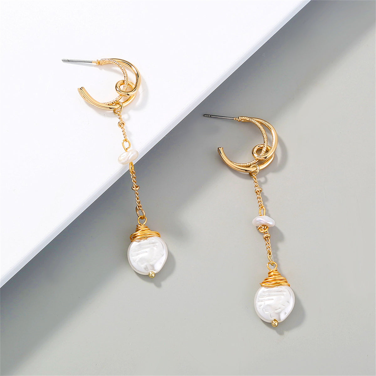 Pearl and 18K Gold-Plated Crescent Linked Drop Earrings, gold drop earrings for women, lifestyle look