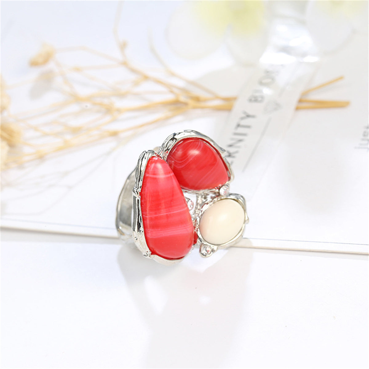 Red and Cream Cats Eye Abstract Ring, statement rings for women, everyday style, front view