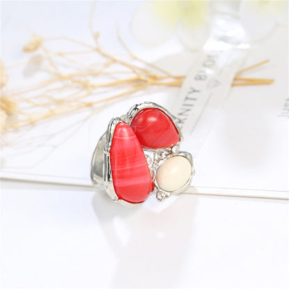Red and Cream Cats Eye Abstract Ring, statement rings for women, everyday style, front view