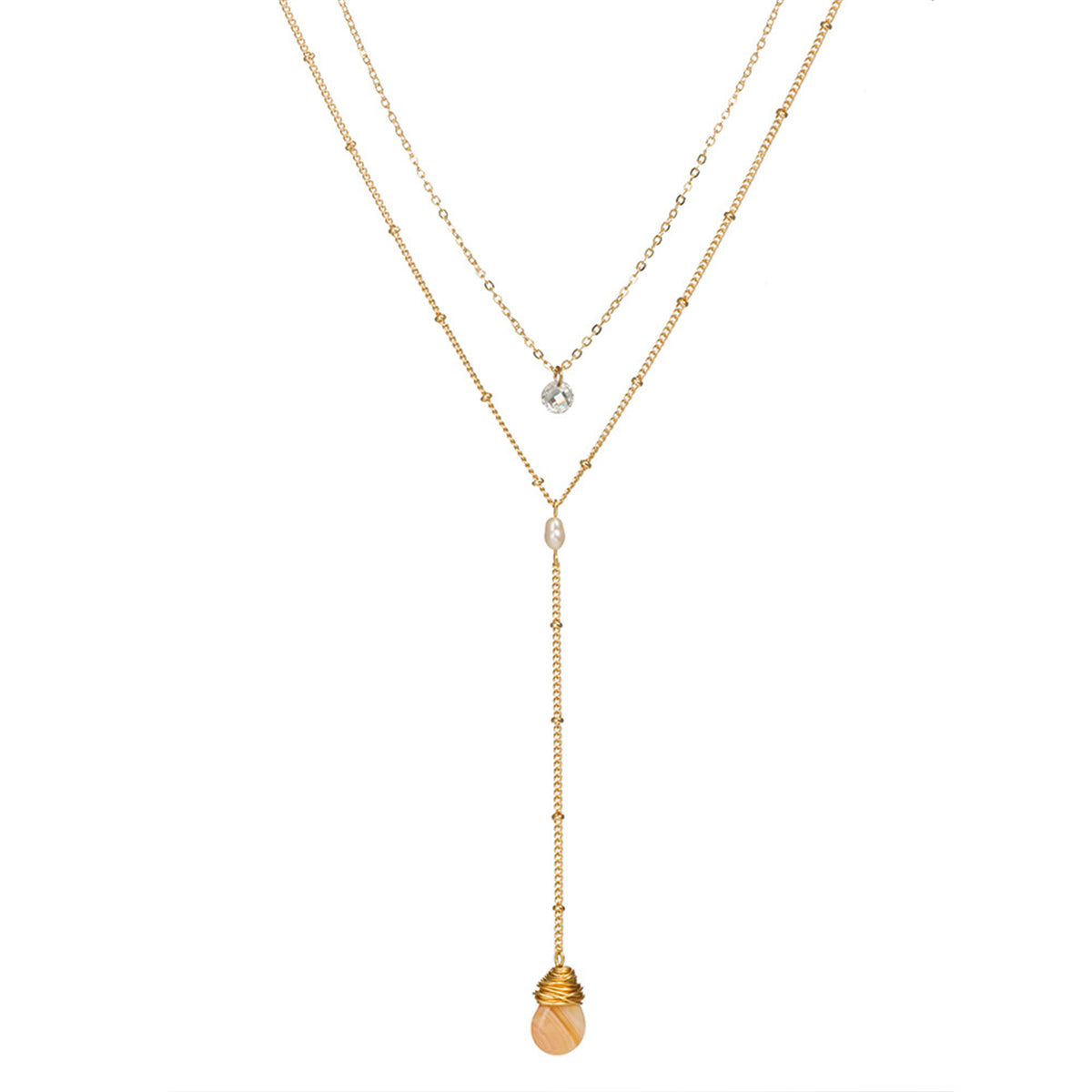 Gemstone and 18K Gold-Plated Layered Drop-Link Necklace, gold pendant necklace for women, everyday style, side view