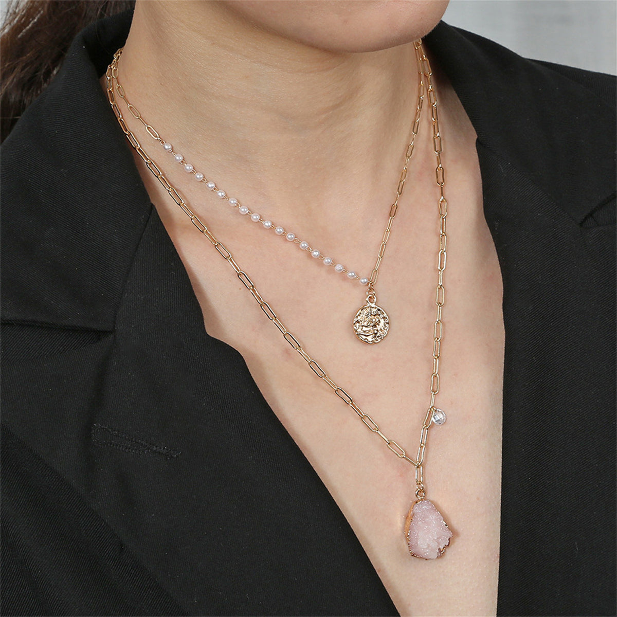 Pearl and Resin 18K Gold-Plated Coin Pendant Layered Necklace, gold pendant necklace for women, front view