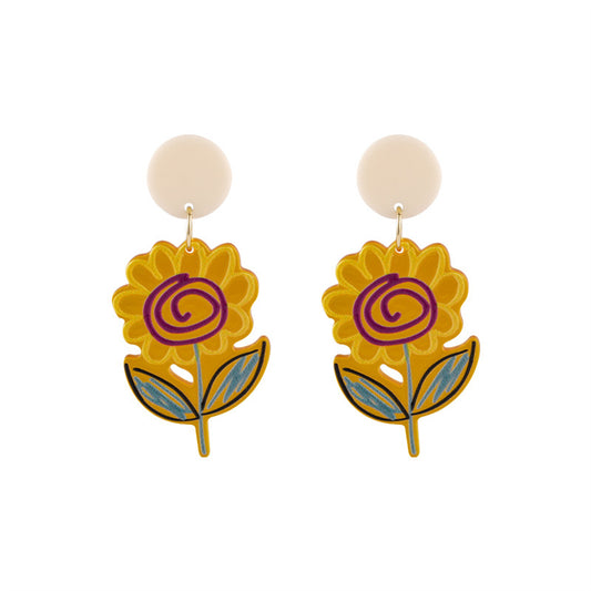 Yellow Acrylic and Enamel Flower Drop Earrings, drop earrings for women, elegant gift for her, front view