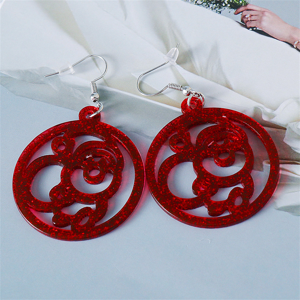Red Acrylic and Silver-Plated Glitter Openwork Santa Round Drop Earrings, silver drop earrings for women, lifestyle look