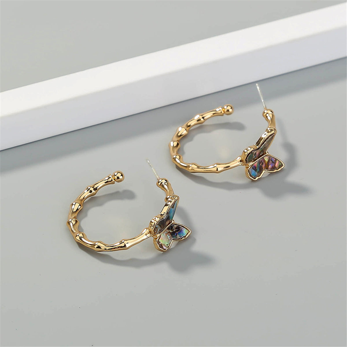 Abalone and 18K Gold-Plated Bamboo Butterfly Open Hoop Earrings, gold stud earrings for women, detail close-up