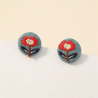 Silver-Plated & Red Floral Woven Stud Earrings