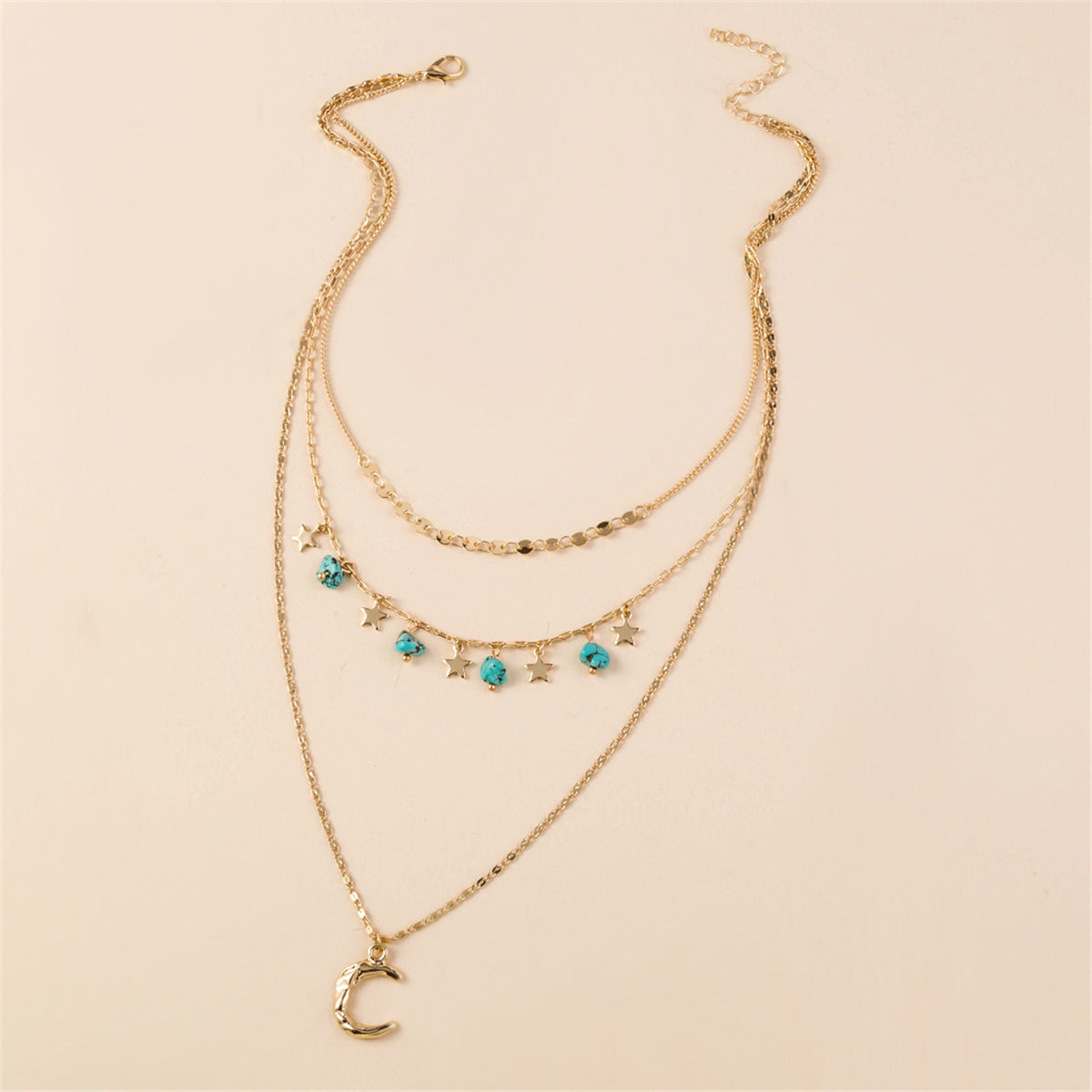 Turquoise and 18K Gold-Plated Layered Celestial Necklace, gold pendant necklace for women, detail close-up
