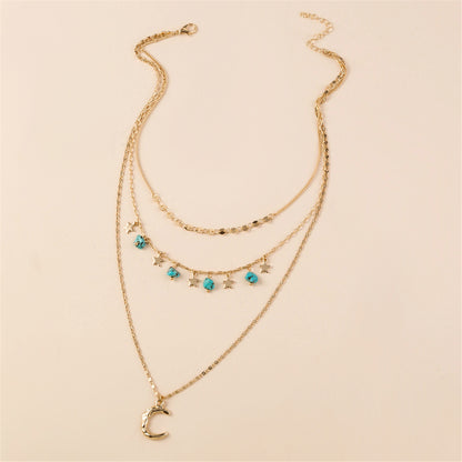 Turquoise and 18K Gold-Plated Layered Celestial Necklace, gold pendant necklace for women, detail close-up