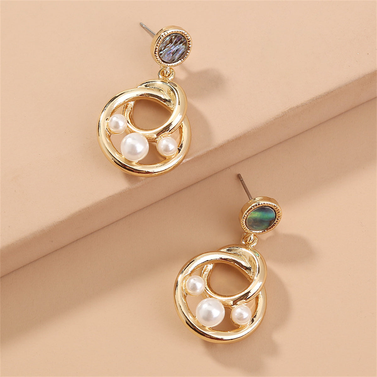 Abalone Shell and Pearl 18K Gold-Plated Interlocking Drop Earrings, gold drop earrings for women, detail close-up