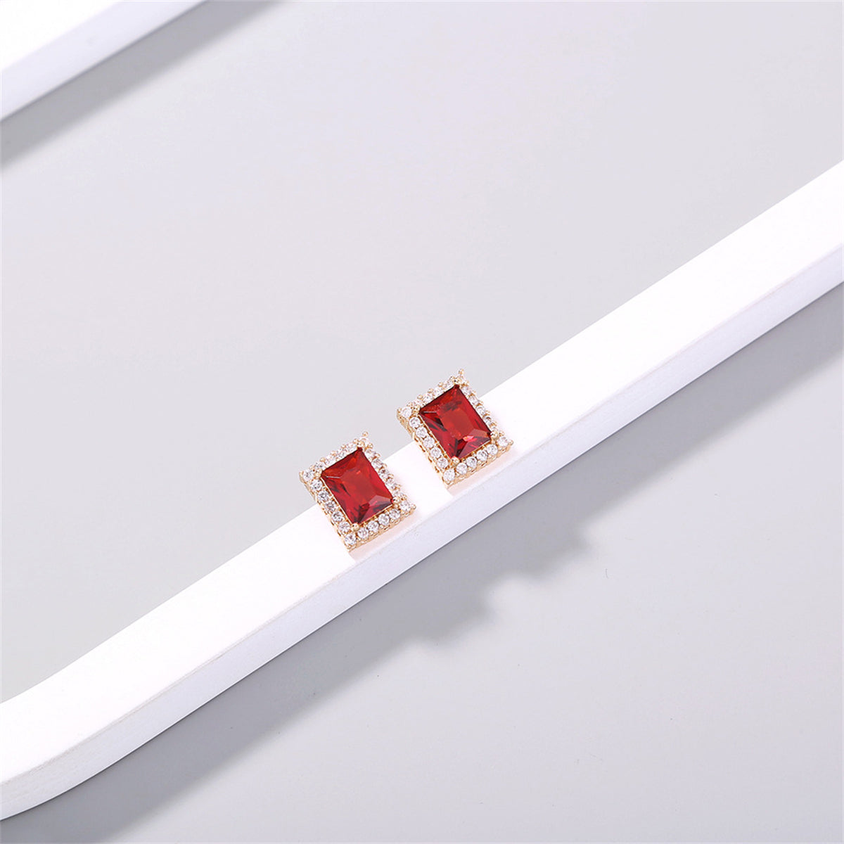 Red Crystal & Cubic Zirconia 18K Gold-Plated Rectangle Halo Stud Earrings