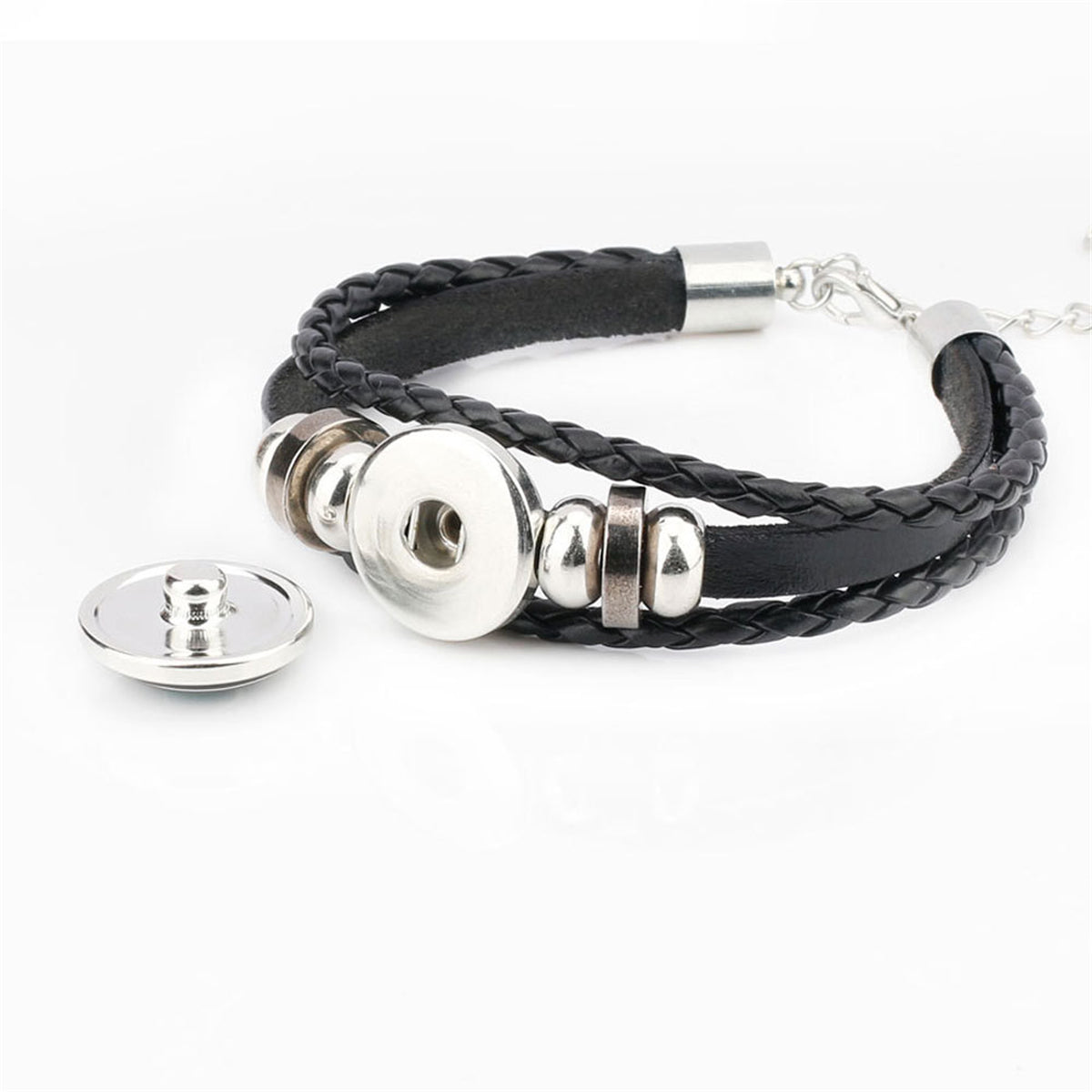 Black Polystyrene and Silver-Plated Green Alien Braided Layered Bracelet, silver bracelet for women, side view