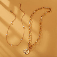 Imitation Pearl & Goldtone Figaro Layered Pendant Necklace