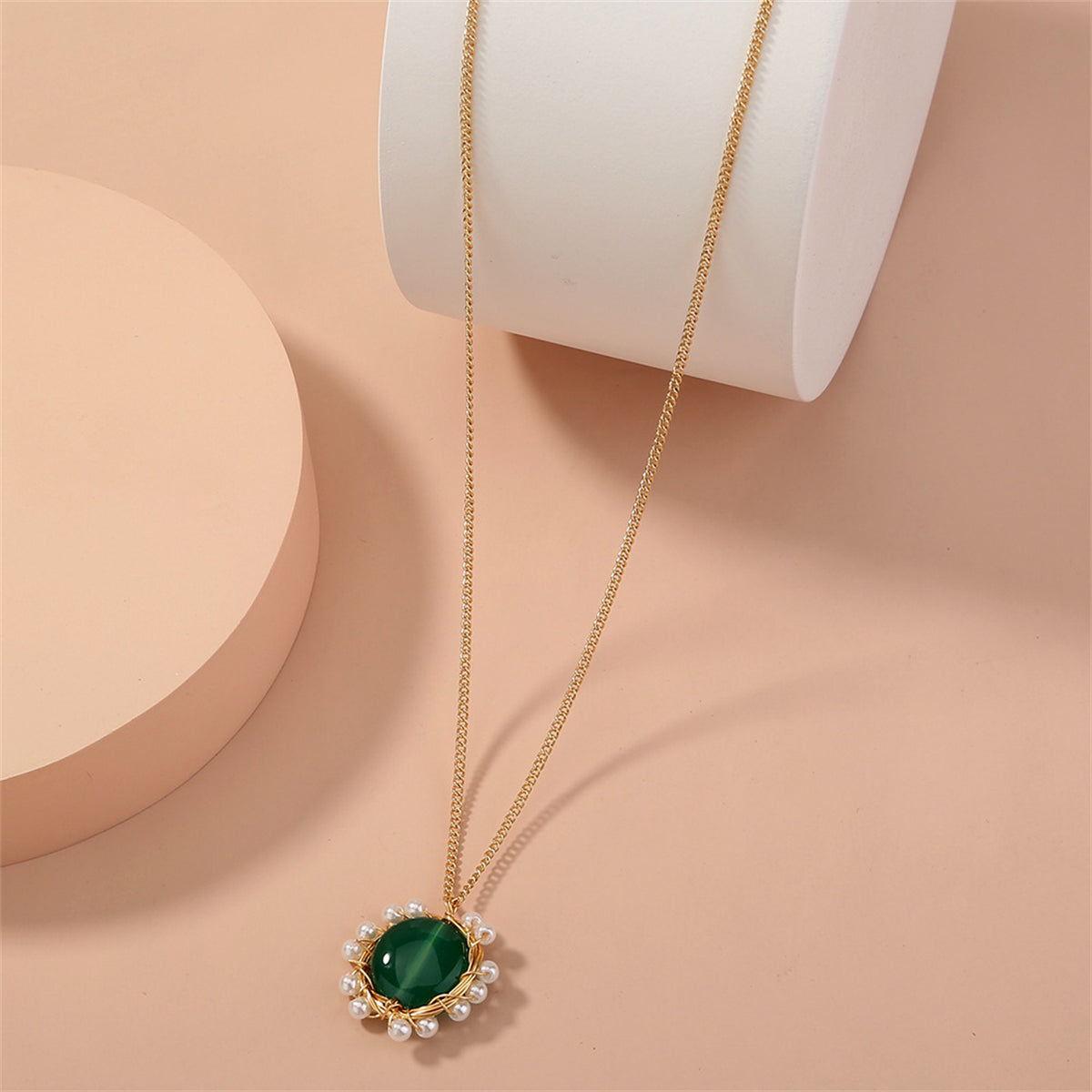 Green Crystal and Pearl 18K Gold-Plated Flower Pendant Necklace, gold pendant necklace for women, lifestyle look