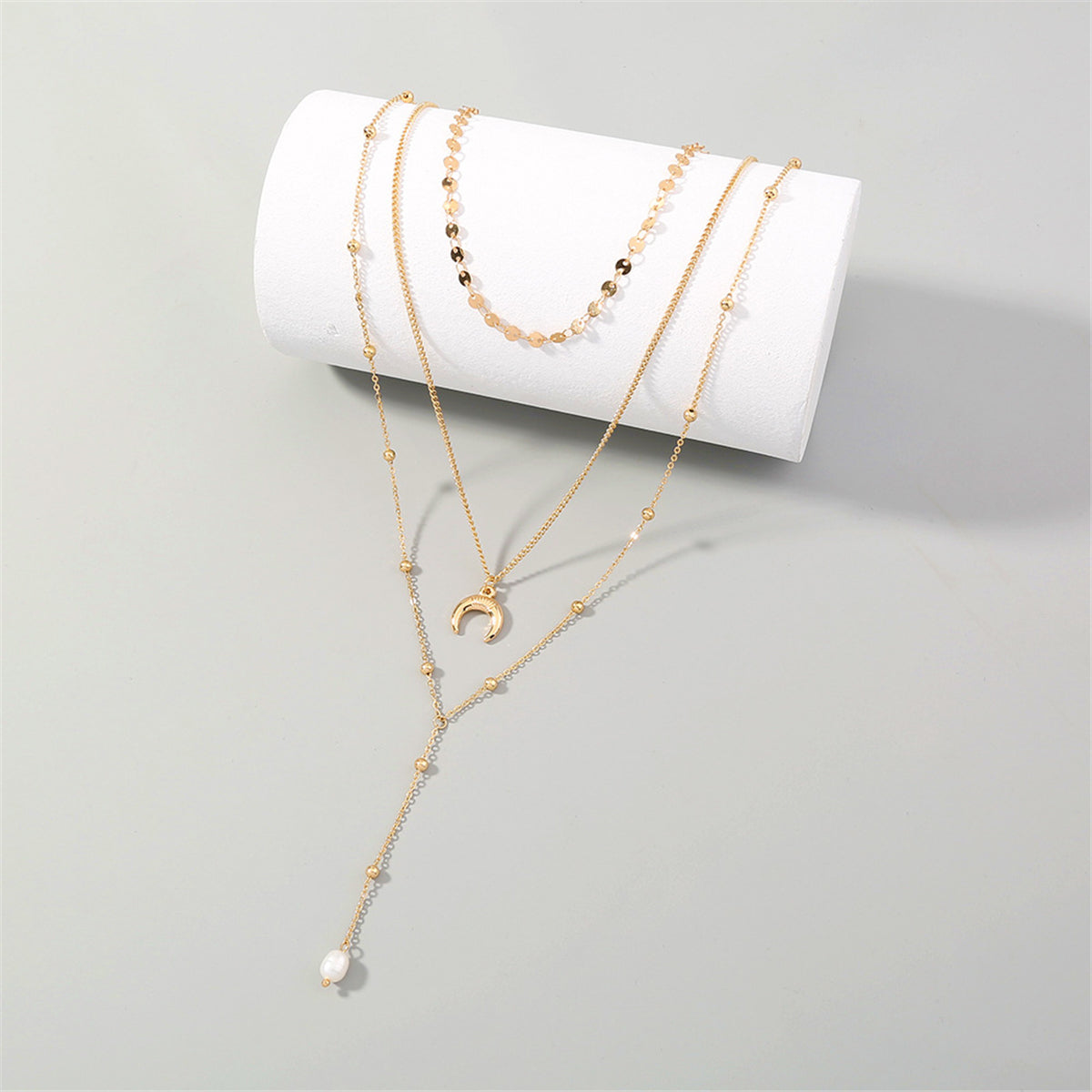Pearl & 18K Gold-Plated Moon Layered Lariat Necklace
