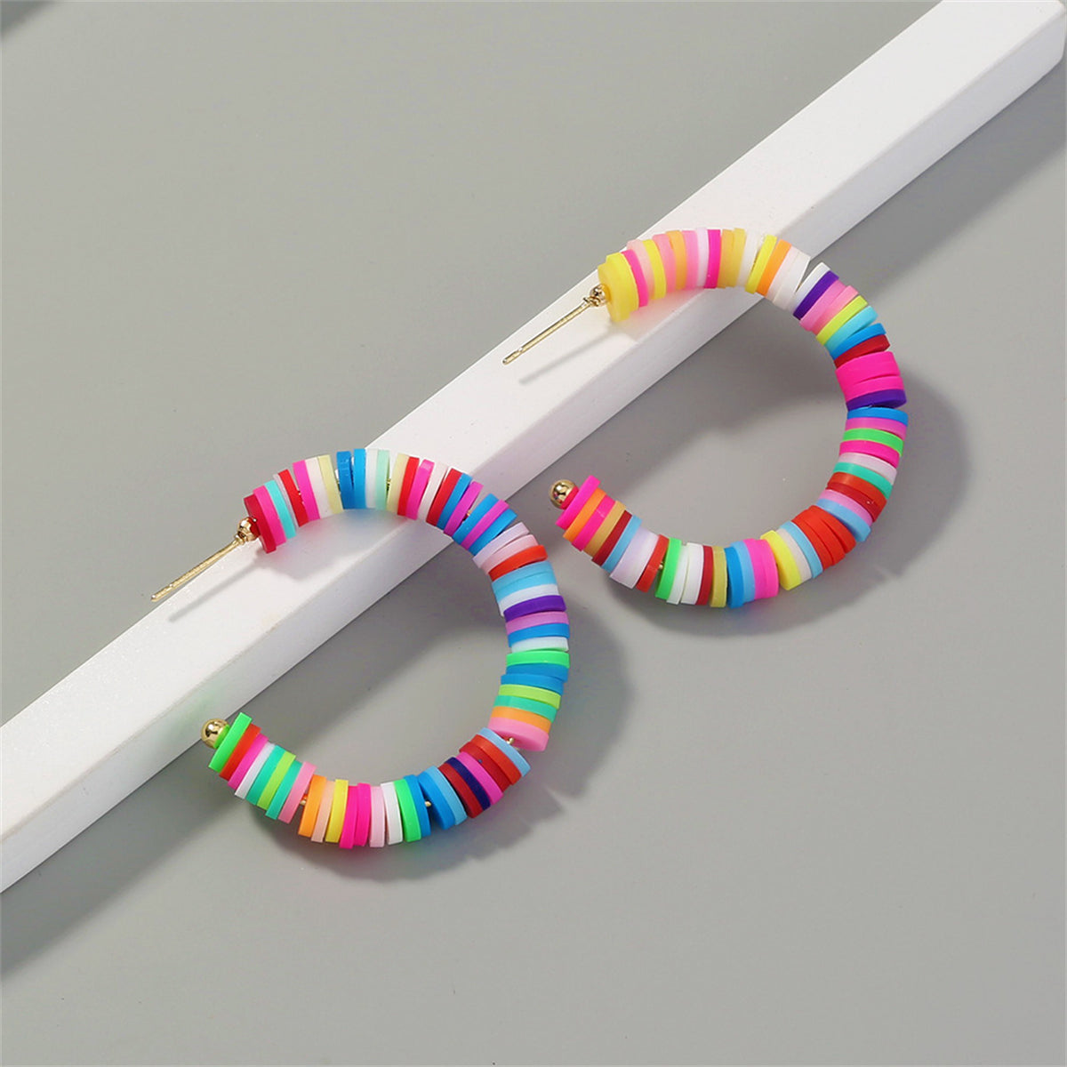 Rainbow Polymer Clay and 18K Gold-Plated Hoop Earrings, botanical inspired, front view