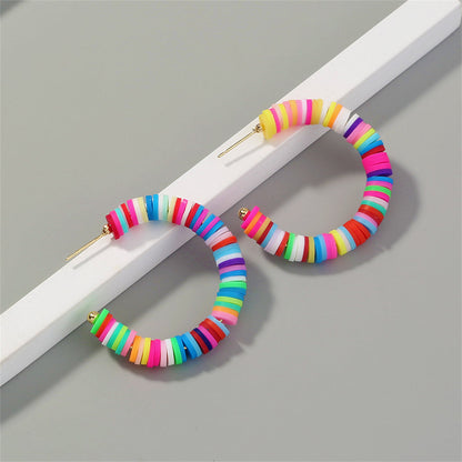 Rainbow Polymer Clay and 18K Gold-Plated Hoop Earrings, botanical inspired, front view