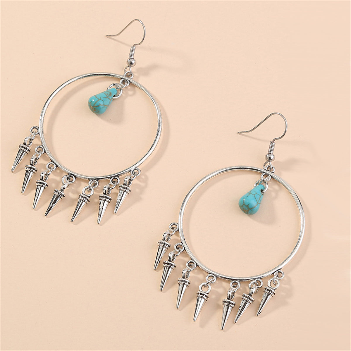 Turquoise and Silver-Plated Bullet Tassel Drop Earrings, silver drop earrings for women, detail close-up