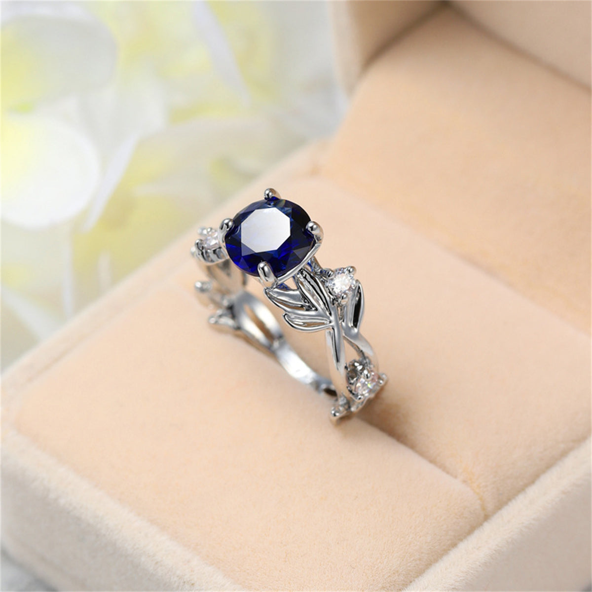 Navy Crystal and Silver-Plated Round-Cut Floral Ring, silver statement rings for women, botanical inspired, detail close-up