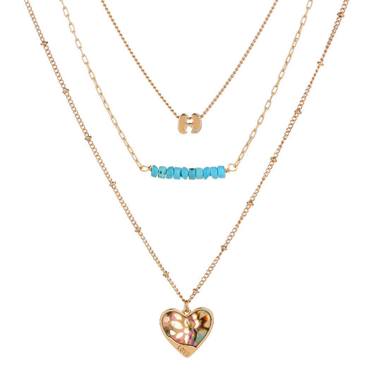 Turquoise and Abalone Shell 18K Gold-Plated Heart Layered Pendant Necklace, gold pendant necklace for women, front view
