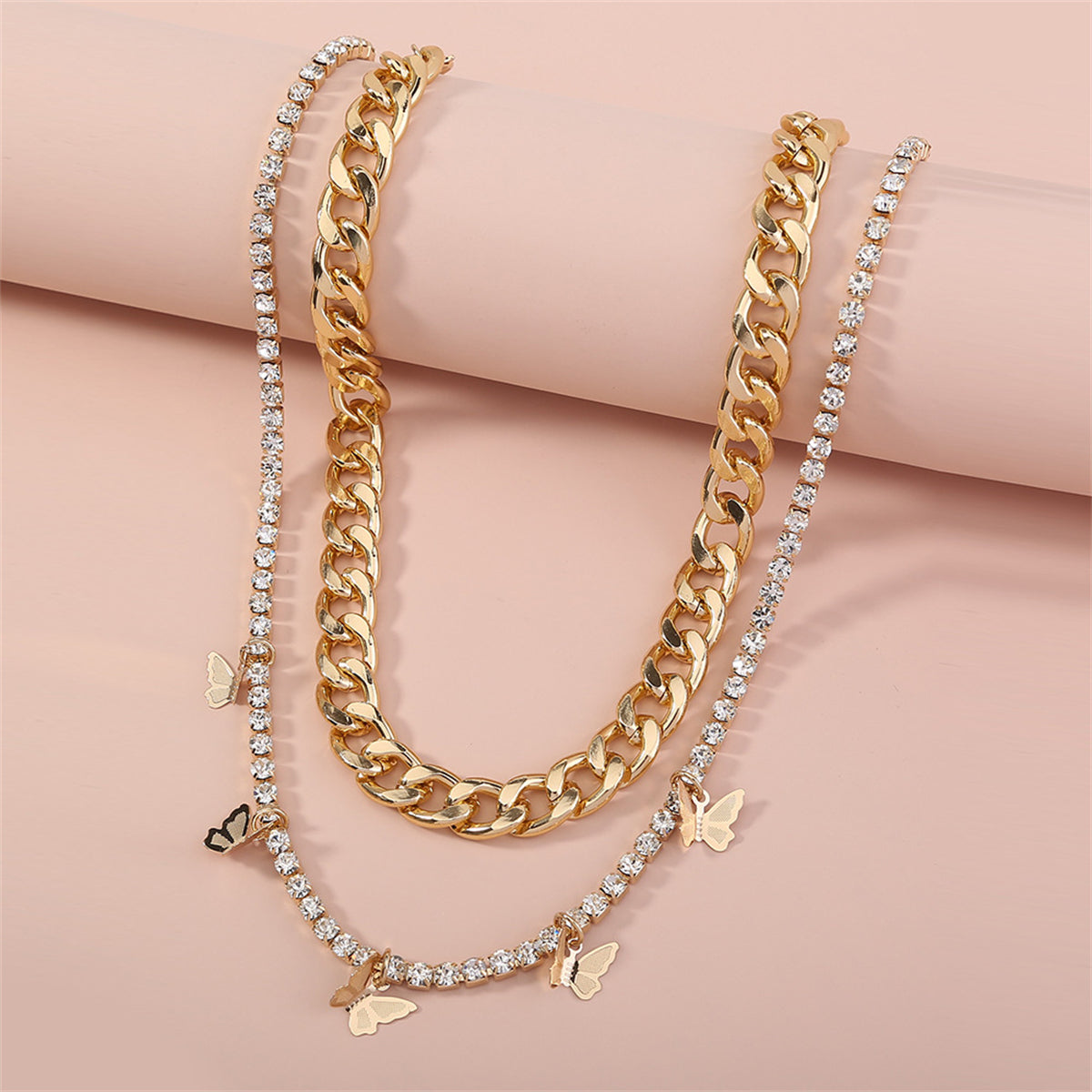 Cubic Zirconia and 18K Gold-Plated Butterfly Station Necklace Set, jewelry gift sets for women, side view