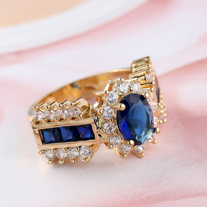 Navy Crystal and Cubic Zirconia 18K Gold-Plated Oval-Cut Ring, gold statement rings for women, front view