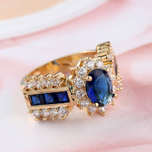 Navy Crystal and Cubic Zirconia 18K Gold-Plated Oval-Cut Ring, gold statement rings for women, everyday style, front view