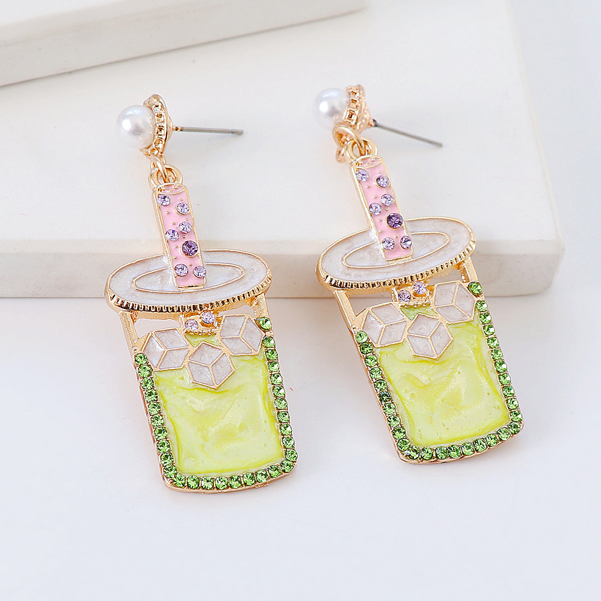 Pearl and Chartreuse Cubic Zirconia Cup Drop Earrings, drop earrings for women, vintage-inspired design, side view