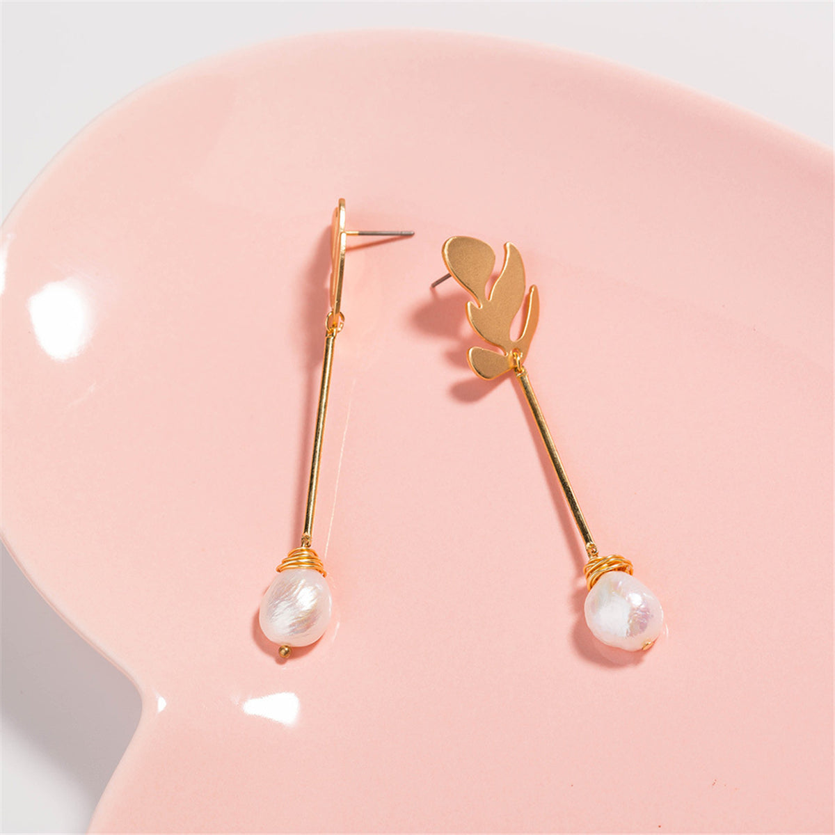 Pearl and 18K Gold-Plated Leaf Drop Earrings, gold drop earrings for women, vintage-inspired design, styled look