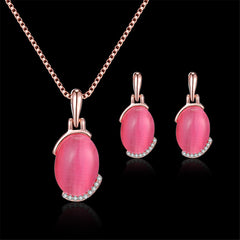 Dark Pink Cats Eye & 18K Rose Gold-Plated Pendant Necklace & Stud Earrings Set