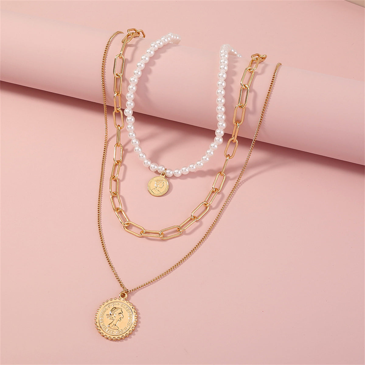 Pearl & 18K Gold-Plated Coin Triple-Chain Layered Pendant Necklace