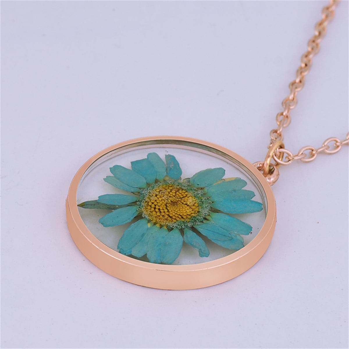 Blue Pressed Mum and 18K Rose Gold-Plated Pendant Necklace, rose gold pendant necklace for women, side view