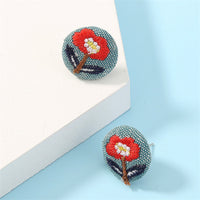 Silver-Plated & Red Floral Woven Stud Earrings