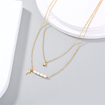 Pearl and 18K Gold-Plated Lightning Star Layered Necklace, gold pendant necklace for women, botanical inspired, side view