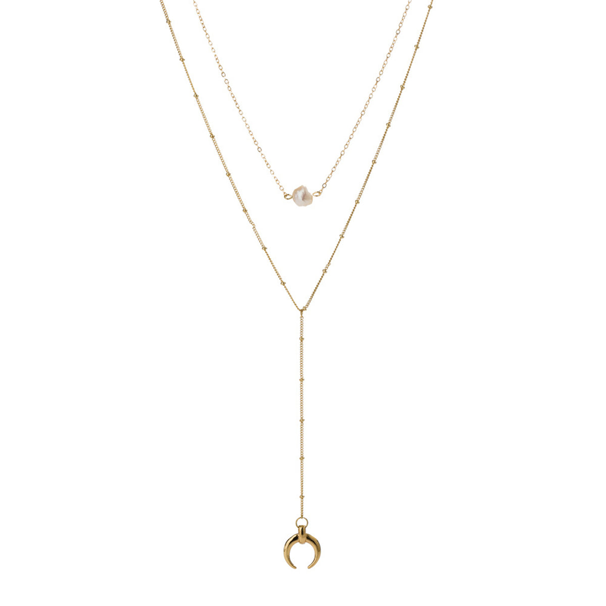 Pearl and 18K Gold-Plated Moon Drop Layered Necklace, gold pendant necklace for women, dainty minimalist design, front view