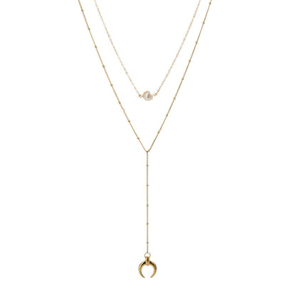 Pearl and 18K Gold-Plated Moon Drop Layered Necklace, gold pendant necklace for women, dainty minimalist design, front view