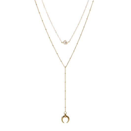 Pearl and 18K Gold-Plated Moon Drop Layered Necklace, gold pendant necklace for women, everyday style, front view