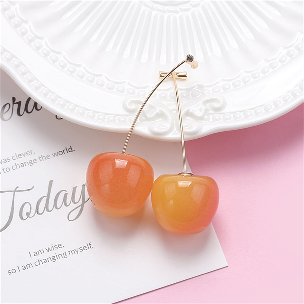 Peach and Yellow Resin Cherry Ear Jackets, drop earrings for women, vintage-inspired design, lifestyle look
