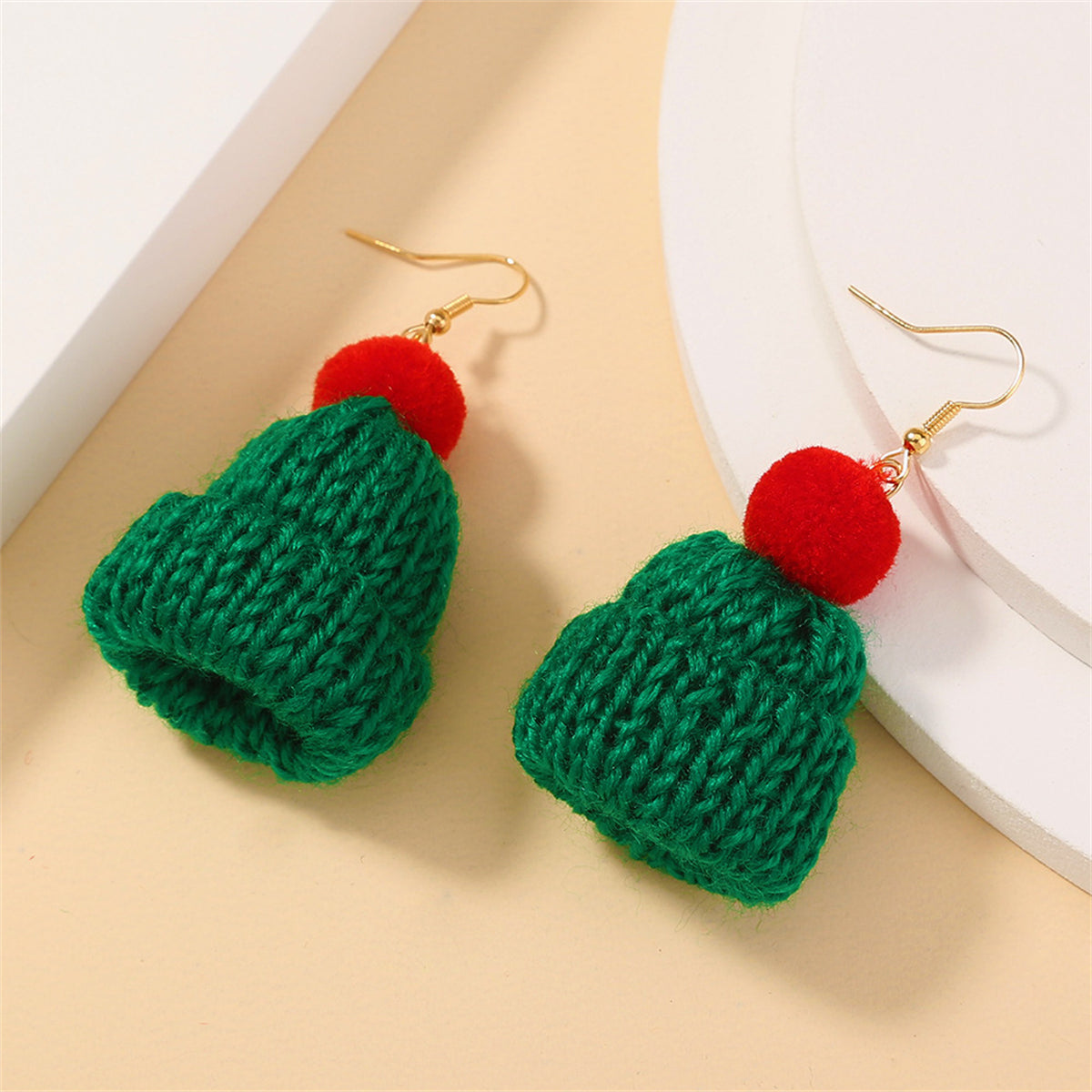 Green and Red Wool and 18K Gold-Plated Hat Drop Earrings, gold drop earrings for women, lifestyle look