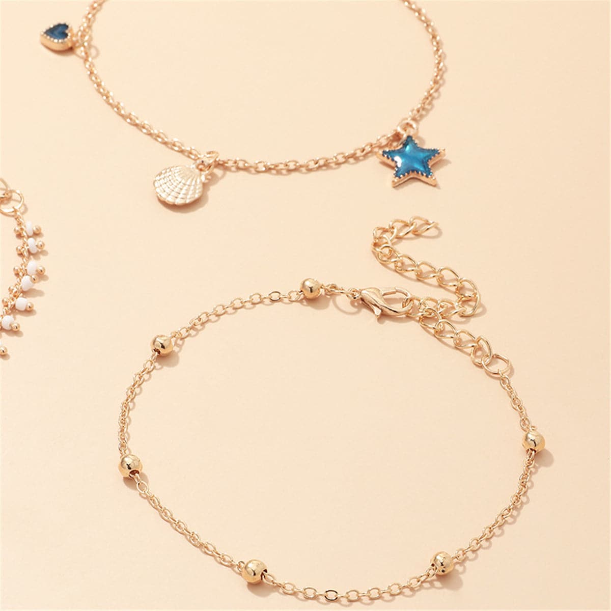 Blue Enamel & 18K Gold-Plated Star Anklet Set