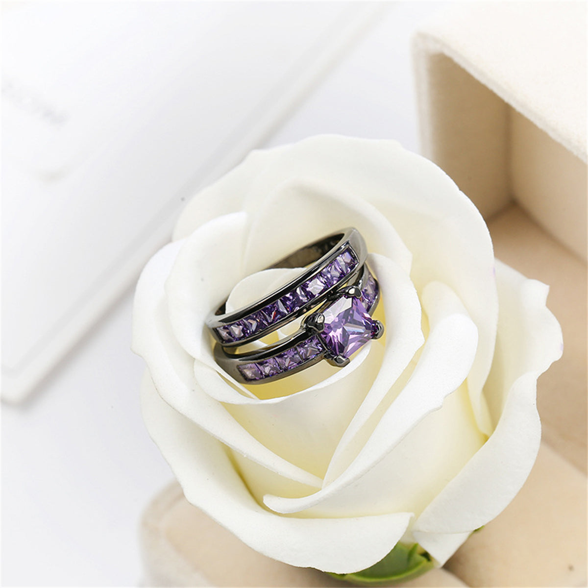 Purple Crystal & Black-Plated Princess-Cut Ring Set