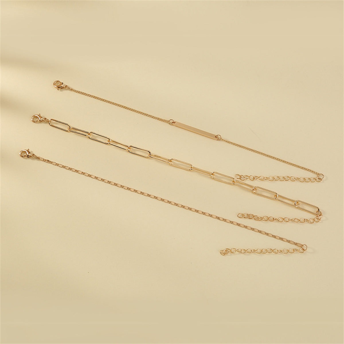 18K Gold-Plated Open Rectangle Chain Bracelet Set, jewelry gift sets for women, vintage-inspired design, detail close-up