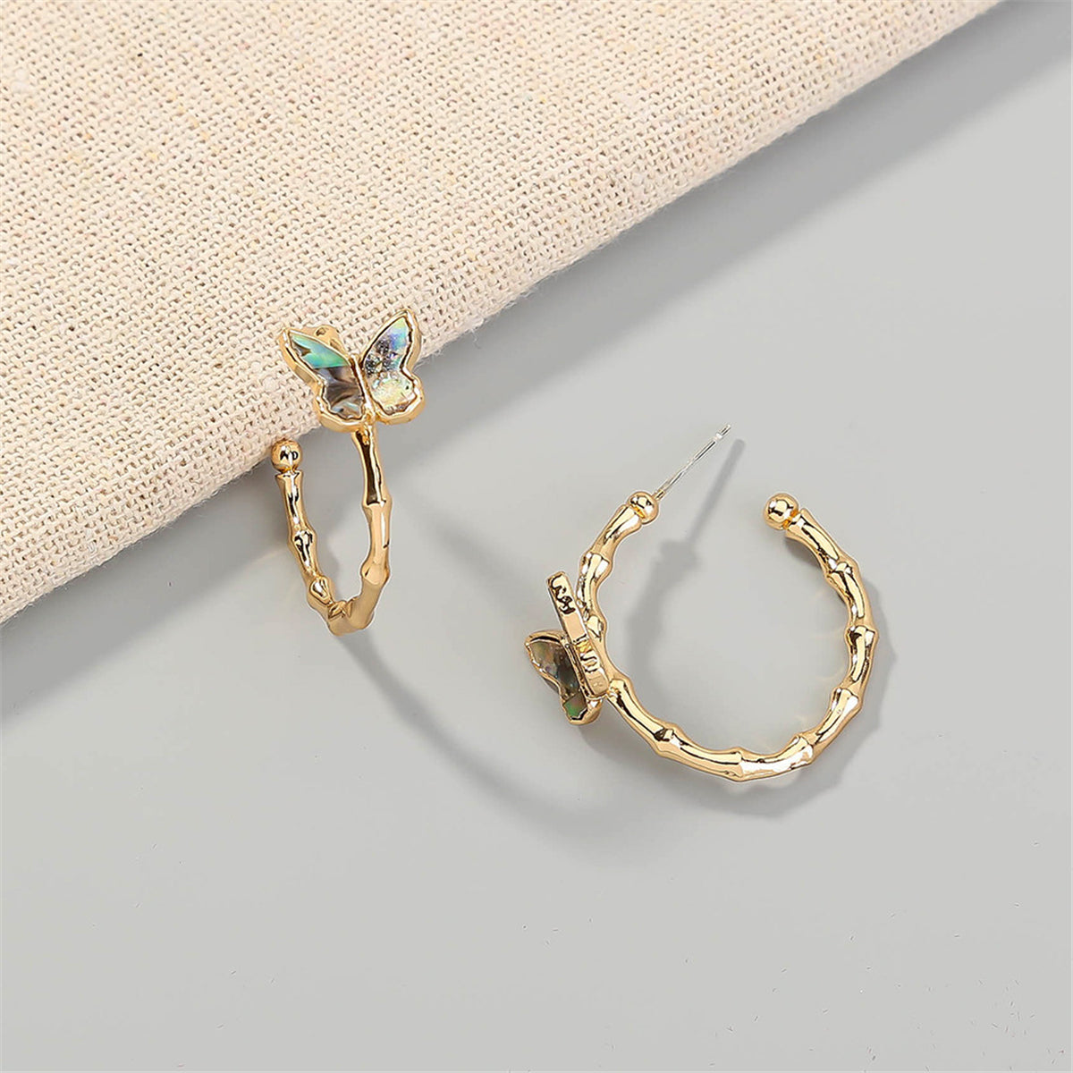 Abalone and 18K Gold-Plated Bamboo Butterfly Open Hoop Earrings, gold stud earrings for women, lifestyle look