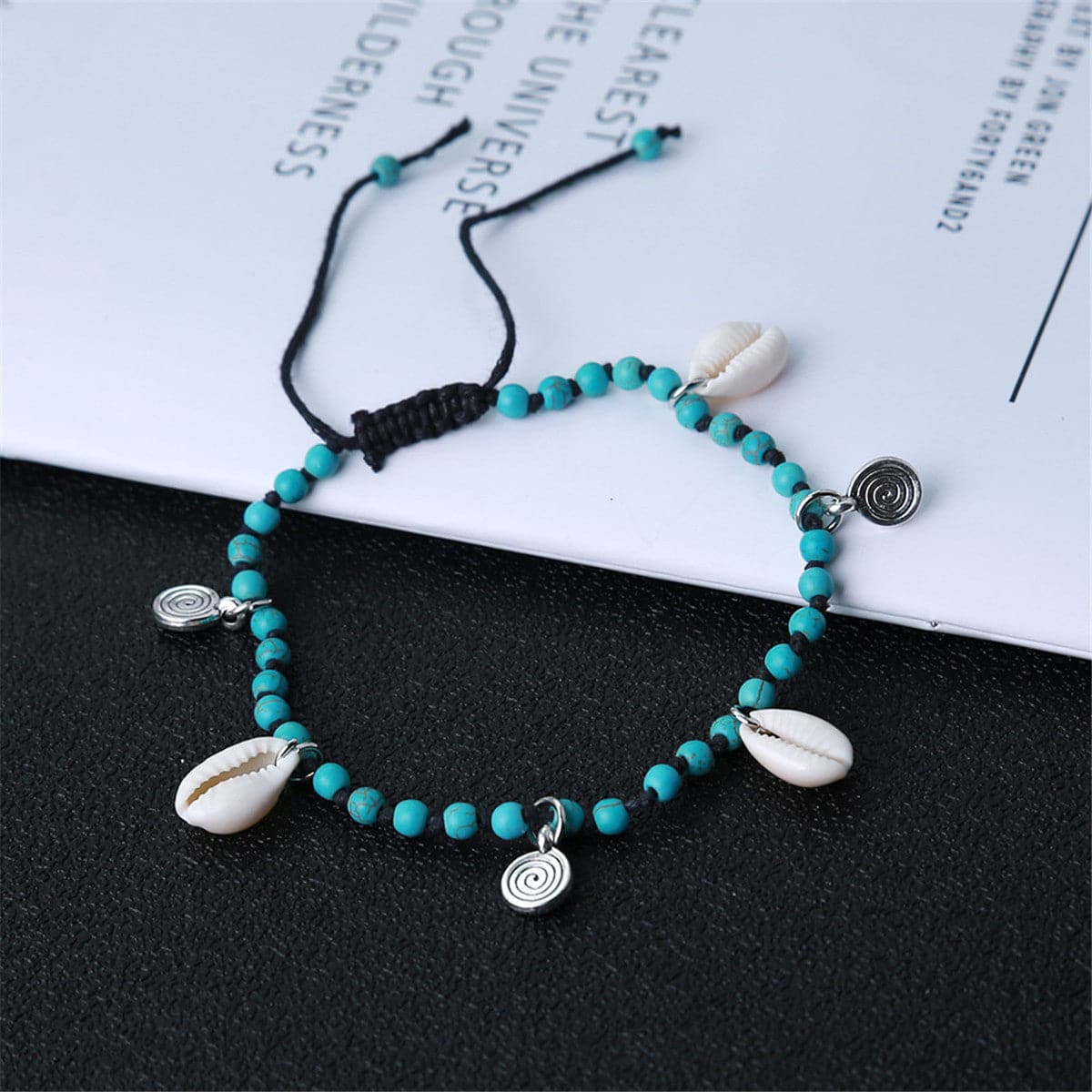 Turquoise & Silver-Plated Shell Adjustable Anklet