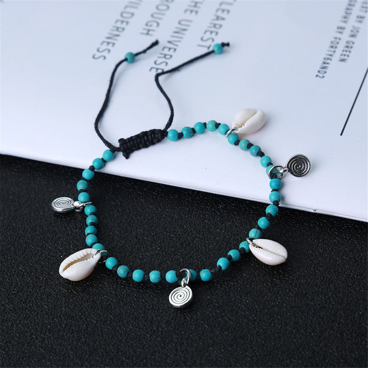 Turquoise and Silver-Plated Shell Adjustable Anklet, silver anklet bracelet, botanical inspired, detail close-up