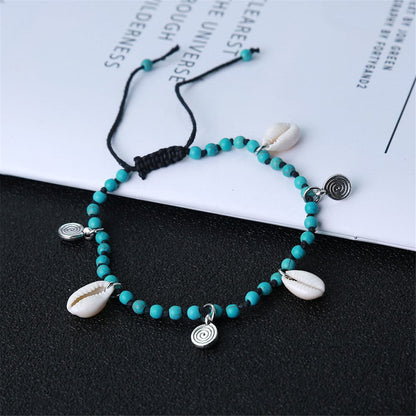 Turquoise and Silver-Plated Shell Adjustable Anklet, silver anklet bracelet, botanical inspired, detail close-up
