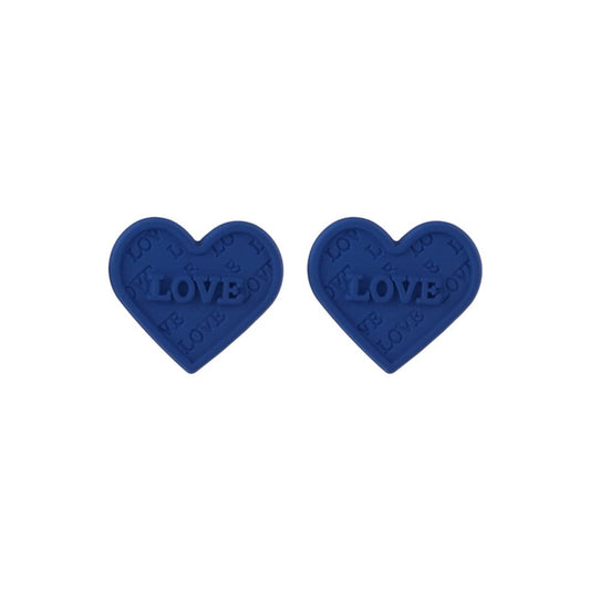 Blue Enamel and Silver-Plated 'Love' Heart Stud Earrings, silver stud earrings for women, vintage-inspired design, front view