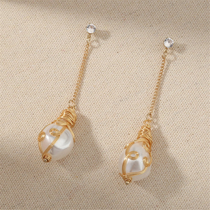 Pearl and Cubic Zirconia 18K Gold-Plated Entangled Drop Earrings, gold drop earrings for women, lifestyle look