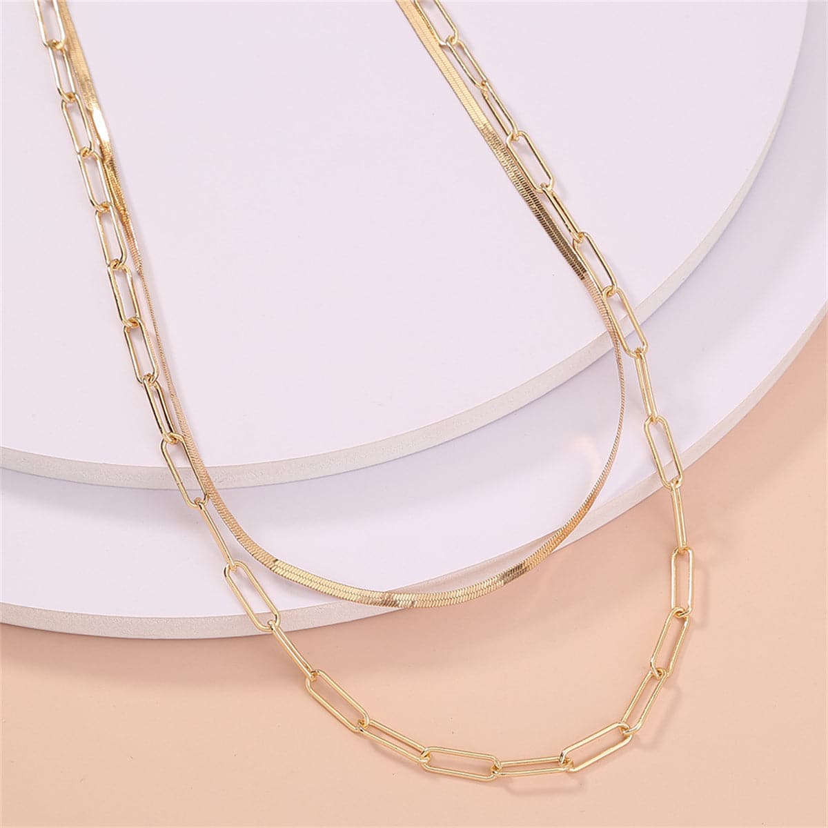 18K Gold-Plated Snake Chain and Open Rectangle Chain Layered Necklace, gold pendant necklace for women, side view